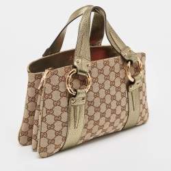 Pre Owned Gucci Metallic/Beige GG Canvas and Leather Bamboo Ring Satchel