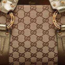 Pre Owned Gucci Metallic/Beige GG Canvas and Leather Bamboo Ring Satchel