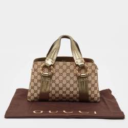 Pre Owned Gucci Metallic/Beige GG Canvas and Leather Bamboo Ring Satchel