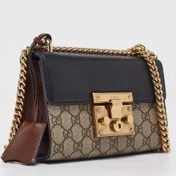 Pre Owned Gucci Black/Beige GG Supreme Canvas and Leather Small Padlock Shoulder Bag