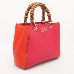 Pre Owned Gucci Pink/Orange Leather Mini Bamboo Tote