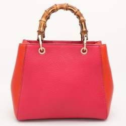Pre Owned Gucci Pink/Orange Leather Mini Bamboo Tote