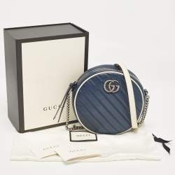 Pre Owned Gucci Navy Blue/White Diagonal Quilt Leather GG Marmont Torchon Round Shoulder Bag