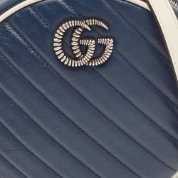 Pre Owned Gucci Navy Blue/White Diagonal Quilt Leather GG Marmont Torchon Round Shoulder Bag