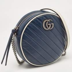 Pre Owned Gucci Navy Blue/White Diagonal Quilt Leather GG Marmont Torchon Round Shoulder Bag
