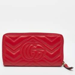 Gucci Red Matelasse Leather GG Marmont Zip Around Wallet