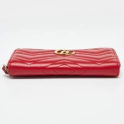 Gucci Red Matelasse Leather GG Marmont Zip Around Wallet