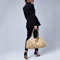 Pre Owned Gucci Beige/Gold GG Canvas Large Abbey D Ring Shoulder Bag
