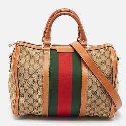 Gucci Tan/Beige GG Canvas Medium Vintage Web Boston Bag