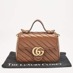 Pre Owned Gucci Brown Matelassé Leather Mini GG Marmont Top Handle Bag