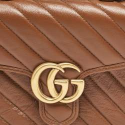 Pre Owned Gucci Brown Matelassé Leather Mini GG Marmont Top Handle Bag