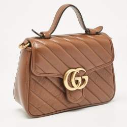 Pre Owned Gucci Brown Matelassé Leather Mini GG Marmont Top Handle Bag