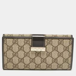 Gucci Brown/Beige GG Supreme Canvas and Patent Leather Metal Flap Continental Wallet