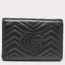 Gucci Black Matelassé Leather GG Marmont Wallet On Chain