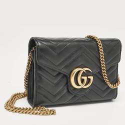 Gucci Black Matelassé Leather GG Marmont Wallet On Chain