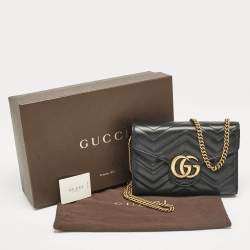 Gucci Black Matelassé Leather GG Marmont Wallet On Chain