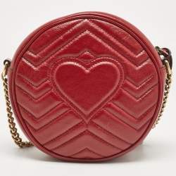 Pre Owned Gucci Red Matelassé Leather Mini GG Marmont Round Shoulder Bag