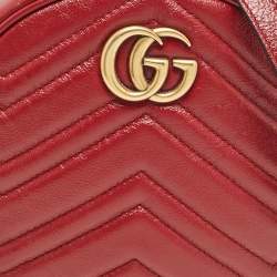 Pre Owned Gucci Red Matelassé Leather Mini GG Marmont Round Shoulder Bag