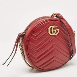 Pre Owned Gucci Red Matelassé Leather Mini GG Marmont Round Shoulder Bag