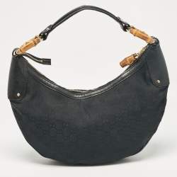 Pre Owned Gucci Black GG Canvas and Leather Bamboo Ring Hobo