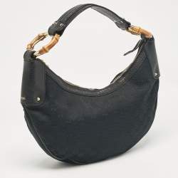 Pre Owned Gucci Black GG Canvas and Leather Bamboo Ring Hobo
