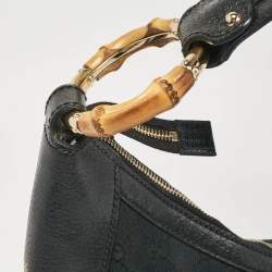 Pre Owned Gucci Black GG Canvas and Leather Bamboo Ring Hobo