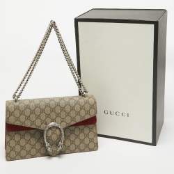 Pre Owned Gucci Beige/Red GG Supreme Canvas and Suede Small Dionysus Shoulder Bag