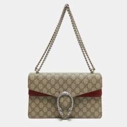 Pre Owned Gucci Beige/Red GG Supreme Canvas and Suede Small Dionysus Shoulder Bag
