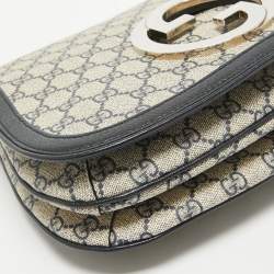 Pre Owned Gucci Navy Blue/Beige GG Supreme Canvas and Leather Blondie Top Handle Bag