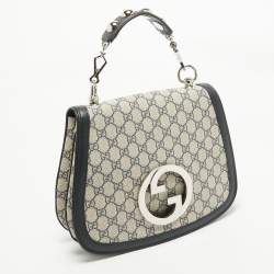 Pre Owned Gucci Navy Blue/Beige GG Supreme Canvas and Leather Blondie Top Handle Bag