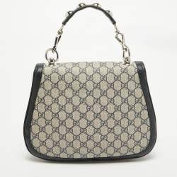 Pre Owned Gucci Navy Blue/Beige GG Supreme Canvas and Leather Blondie Top Handle Bag