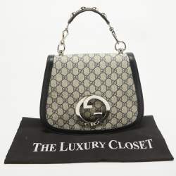 Pre Owned Gucci Navy Blue/Beige GG Supreme Canvas and Leather Blondie Top Handle Bag