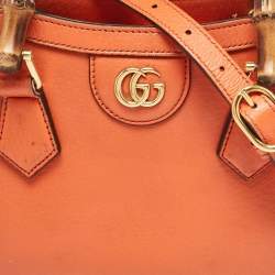 Pre Owned Gucci Orange Leather Mini Bamboo Diana Tote