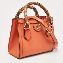 Pre Owned Gucci Orange Leather Mini Bamboo Diana Tote