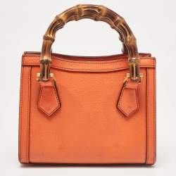 Pre Owned Gucci Orange Leather Mini Bamboo Diana Tote