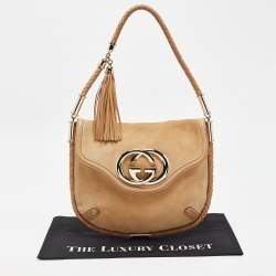 Pre Owned Gucci Tan Suede Medium Britt Tassel Hobo
