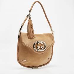 Pre Owned Gucci Tan Suede Medium Britt Tassel Hobo