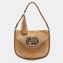 Pre Owned Gucci Tan Suede Medium Britt Tassel Hobo