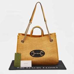 Pre Owned Gucci Yellow Leather and Raffia Horsebit 1955 Chain Tote
