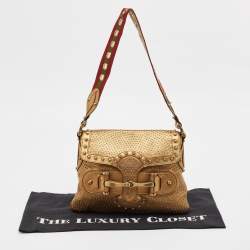 Pre Owned Gucci Gold Leather Studded Pelham Runaway Flap Shoulder Bag