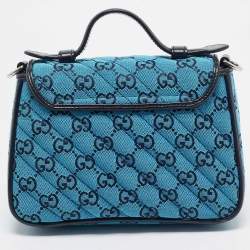 Gucci Blue Canvas GG Diagonal Quilt Canvas and Leather Mini GG Marmont Top Handle Bag