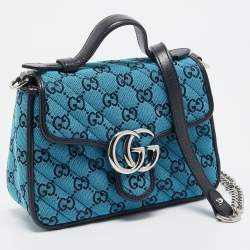 Gucci Blue Canvas GG Diagonal Quilt Canvas and Leather Mini GG Marmont Top Handle Bag