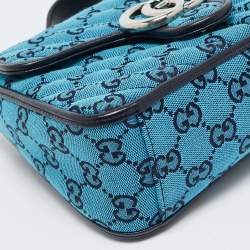 Gucci Blue Canvas GG Diagonal Quilt Canvas and Leather Mini GG Marmont Top Handle Bag