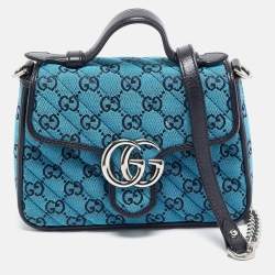 Gucci Blue Canvas GG Diagonal Quilt Canvas and Leather Mini GG Marmont Top Handle Bag