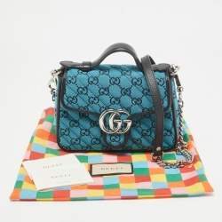 Gucci Blue Canvas GG Diagonal Quilt Canvas and Leather Mini GG Marmont Top Handle Bag