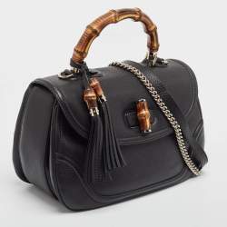 Pre Owned Gucci Black Leather Large New Bamboo Tassel Top Handle Bag