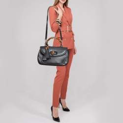 Pre Owned Gucci Black Leather Large New Bamboo Tassel Top Handle Bag