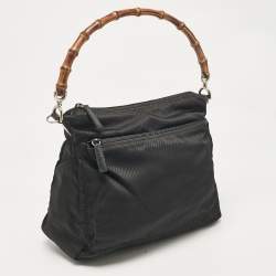 Pre Owned Gucci Black Nylon and Patent Leather Bamboo Hobo