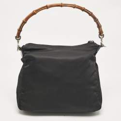 Pre Owned Gucci Black Nylon and Patent Leather Bamboo Hobo