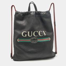 Pre Owned Gucci Black Leather Logo Drawstring Backpack
